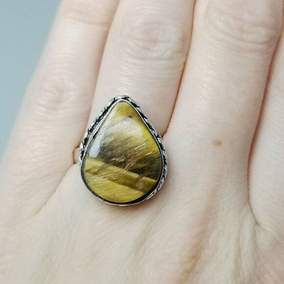 Vintage Tigers Eye Brown Stone Ring Bezel Set Silver Tone Band, Size 6.5, Estate - Picture 8 of 8